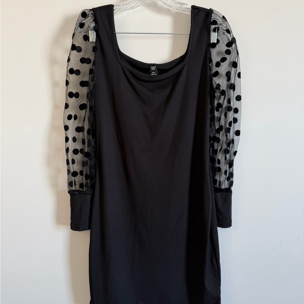 SHEIN Black Dress with Sheer Polka Dot Sleeves